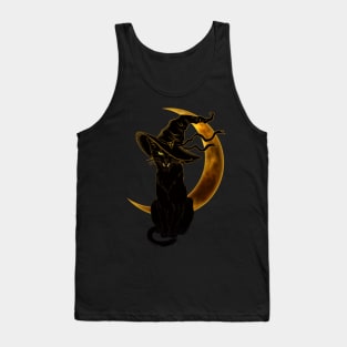 Black Cat with Witch Hat and Crescent Moon Tank Top